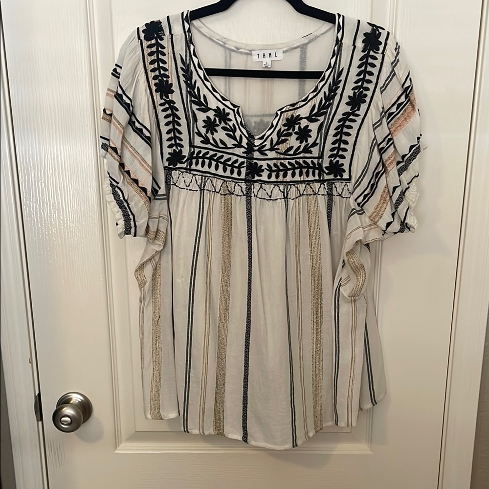 THML Cream and Black Flutter Sleeve Embellished Blouse